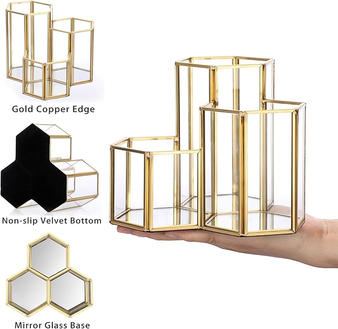 Hipiwe Glass Makeup Brush Holder 3 Slot Mirrored Gold Cosmetics Brush Organizer Eyeliners Display Case Vintage Decorative Makeup Storage Box Desktop Pen Pencil Pot, Large