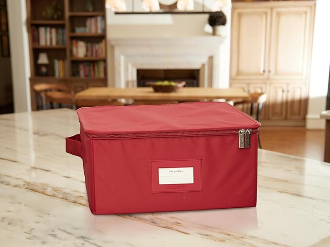 Platter Serveware Storage Box - Durable Polyester, Dual Zippers, Carrying Handles, ID Window, Kitchen Storage, Scarlett Red