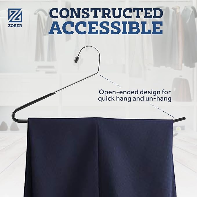 Zober Pants Hangers Non Slip - Open Ended Pants and Jean Hangers for Closet - Space Saving Clothes Hanger - Strong, Durable, Metal Pant Hangers (Black)