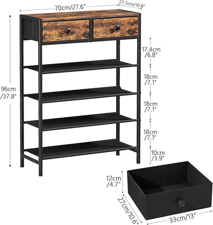 Shoe Rack, 5 Tier Shoe Organizer with 2 Drawers, Metal Shoe Storage for 16-20 Pairs of Shoes with Fabric Shelves and Wooden Top, Narrow Shoe Shelf for Closet Entryway Rustic Brown
