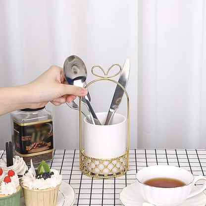 JUXYES Ceramic Silverware Holder For Tabletop, White Cutlery Holder With Golden Metal Bracket, Decorative Flatware Holder Countertop Utensil Holder Organizer for Wedding Kitchen Dining Tables