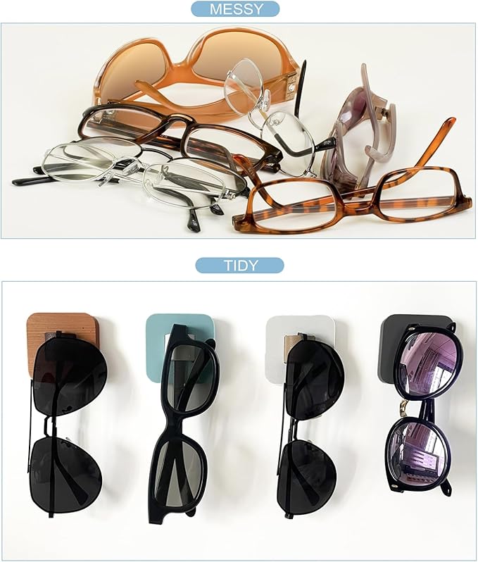 Sunglasses Organizer Wood Sunglasses Storage Wall Mounted Eyeglasses Holder Eyewear Display,Home Decor, (4pcs-Short-Grey/White/Blue/Wood Color)
