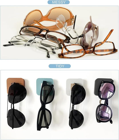 Sunglasses Organizer Wood Sunglasses Storage Wall Mounted Eyeglasses Holder Eyewear Display,Home Decor, (4pcs-Short-Grey/White/Blue/Wood Color)