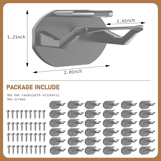 Niunuerga 36 Pack Adhesive Hat Hooks for Wall, Super Strong Hat Rack for Baseball Caps, Hat Organizer Display for Home Decor, Hat Hangers Holder for Wall, Door, Closet, No Drilling (Gray)