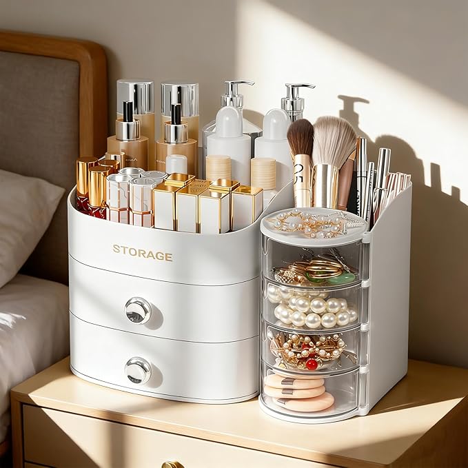 XIAPIA Makeup Organizer Countertop, Make Up Organizer for Vanity, Skincare & Cosmetic Organizers with Drawers, Bathroom Organizers Storage for Brush Holder|Lipstick|Jewelry, Ideal Gift for Women WHITE
