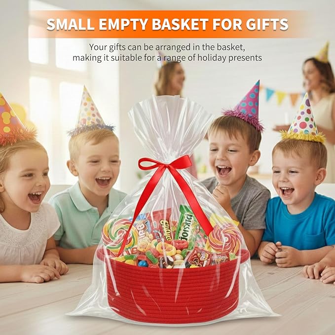 ShellKingdom Storage Basket with Handles, Empty Gift Basket with Gift Bags and Ribbon, Small Woven Baskets for Home, Nursery Storage Organizer, 12 X 8 X 5 INCH, Valentine's Red
