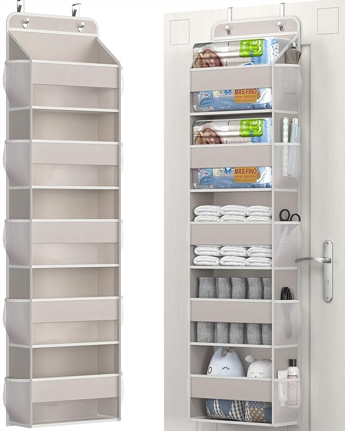 Over The Door Storage Organizer, RV Bathroom Organizer, Over The Door Organizer Camper Storage and Organization, 5 Shelf Hanging Over Door Organizer for Camper, Bathroom, Bedroom, Closet-Beige