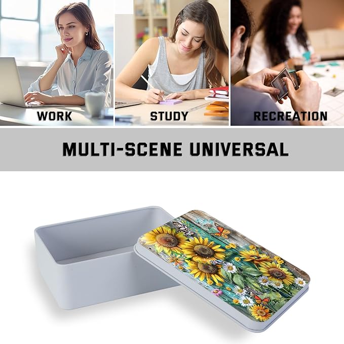 Metal Tin Box with Lid for Game Cards Home Organizer Candles Keys Crafts Storage - Equipped with 4 Magnetic Cord Clips，Sunflowers Daisies and Butterflies