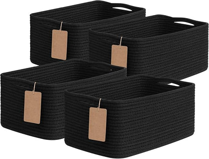 Goodpick 4 Pack Storage Baskets for Shelves, Rectangle Cotton Rope Baskets for Organizing, Closet Storage Bins for Baby Toys, Decorative Woven Basket with Handles, 13''L x 8''W x 6''H, Black