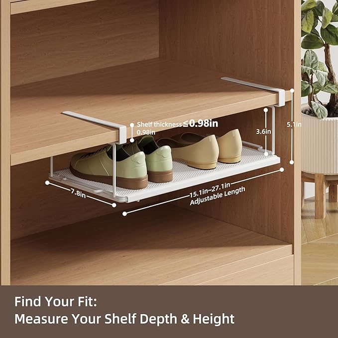 Expandable Under-Shelf Shoe Rack for Closet(1-Pack) - Adjustable Under Shelf Storage Organizer, No-Tool Installation Sturdy Metal Hanging Shelves for Sneakers, Flats & Casual Shoes (White)