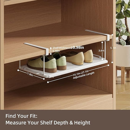 Expandable Under-Shelf Shoe Rack for Closet(1-Pack) - Adjustable Under Shelf Storage Organizer, No-Tool Installation Sturdy Metal Hanging Shelves for Sneakers, Flats & Casual Shoes (White)