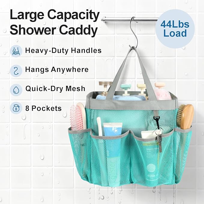 F-color Mesh Shower Caddy Portable, Upgrade Deeper 7 Pockets Shower Bag Basket Bag for College Dorm Room Toiletry Bathroom Essentials Gym Camp Quick Dry 2 handles with S Hook, Mint Green