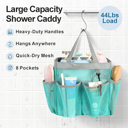 F-color Mesh Shower Caddy Portable, Upgrade Deeper 7 Pockets Shower Bag Basket Bag for College Dorm Room Toiletry Bathroom Essentials Gym Camp Quick Dry 2 handles with S Hook, Mint Green