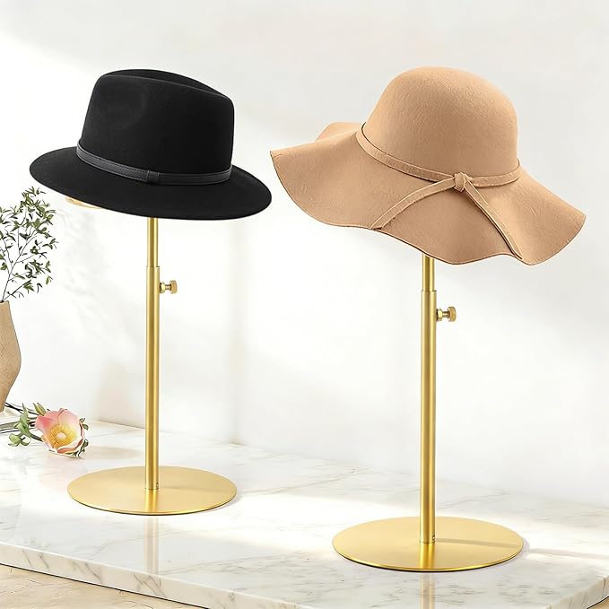 2 Pack Hat display stand Adjustable Height 8.7-14.6 Inches Hat organizer Stainless Steel Metal Hat rack for Storing Hats and Wigs in Home Boutique Retail Stores,Golden