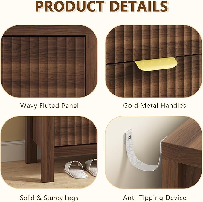 YOMILUVE 47.3" Shoe Cabinet Storage for Entryway, Fluted Shoe Cabinet with 6 Flip Drawers, Hidden Shoe Rack Freestanding Wooden Shoe Organizer with Legs for Hallway, Walnut