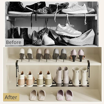 Expandable Shoe Rack Organizer for Cabinet, Adjustable Hanging Under Shelf Storage, Sturdy Round Tube Design, Space Saving Shoe Shelf for Closet, Entryway, Laundry Room, Black