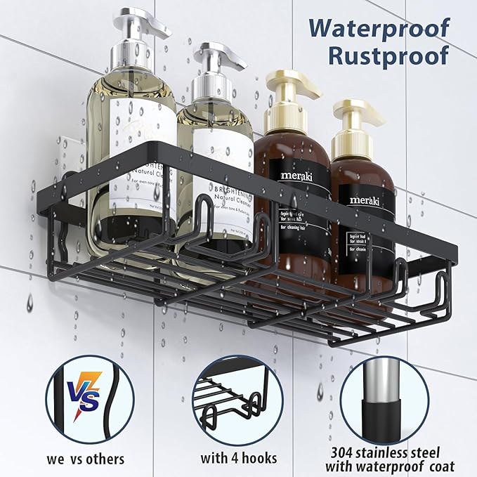 Liuoud 10 Pack Shower Caddy Organizer Rack Shelf for Inside Shower, Self Adhesive Wall Storage Basket Rustproof Stainless Steel Shampoo Holder Bathroom Accessory Decor Set, Black