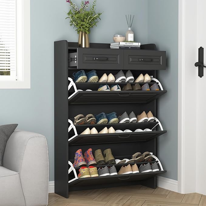 Vibe & Dine Narrow Shoe Organizer Cabinet with 3 Large Flip Drawers & 2 Storage Drawers - Slim Shoe Storage for Entryway, Hallway, Bedroom, Black