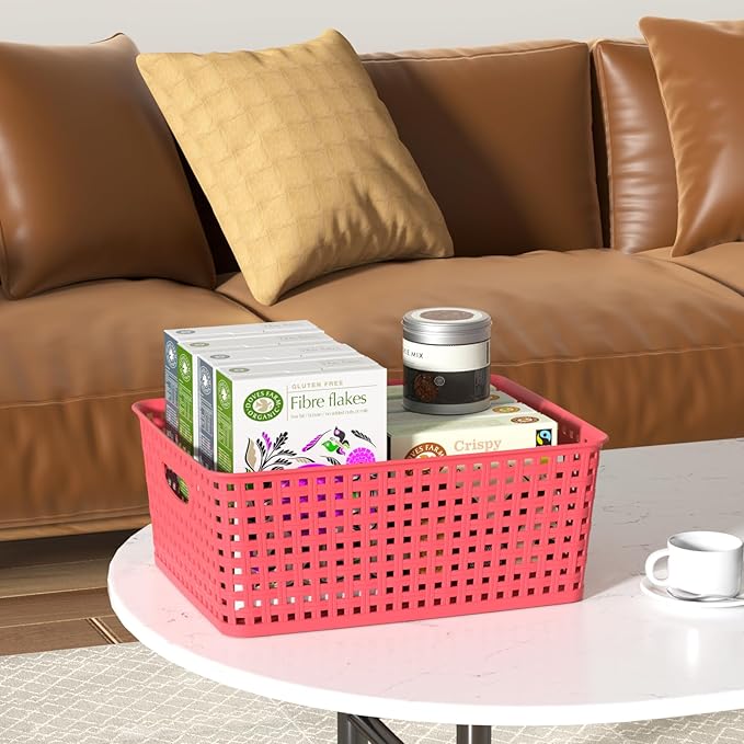 Medium Plastic Woven Storage Basket, Colorful Storage Basket, 4 Packs