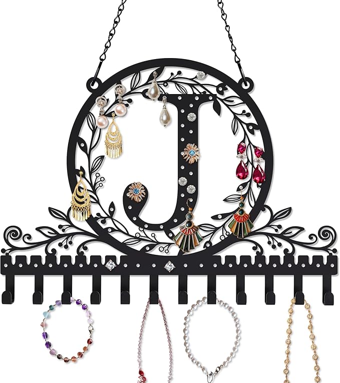 Wall-Mounted Metal Initial Letter J Earring Holder Hanging Jewelry Organizer for Earrings and Necklaces Space-Saving Wall Display with Hooks for Jewelry Storage