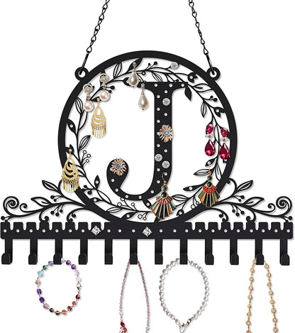 Wall-Mounted Metal Initial Letter J Earring Holder Hanging Jewelry Organizer for Earrings and Necklaces Space-Saving Wall Display with Hooks for Jewelry Storage
