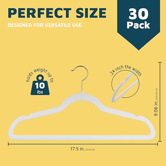 Lifemaster Velvet Clothes Hanger – with 360 Degree Swivel Hook and Non-Slip Shoulder Notch, Holds Up to 10 lbs, Heavy Duty Hanger Set, for Organizing Suit, Dress, Coat, and Clothes, Pack of 30, White