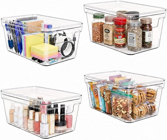 MOONEDGE Small Clear Plastic Storage Bins with Lids and Handles,Stackable Small Item Organizer Containers for Vanity,Craft,Office,Fridge,Kitchen,Pantry,Bathroom,Closet - 4 Pack (10×6×5 in)