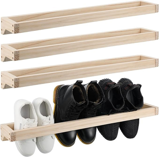 Wenqik 4 Pcs Wall Mounted Wooden Shoe Rack 30 Inch Rustic Wood Wall Hanging Shoe Rack Space Saving Footwear Holder Shoes Storage Organizer for Mudroom, Entryway, Closet (Wood Color)