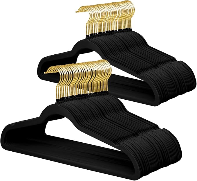 ManGotree Velvet Coat Hangers with 360° Swivel Gold Hook, Non-Slip Felt Suit Hangers, Ultra-Thin Space Saving Clothes Hanger for Jacket, Sweater, Shirt, Dress, Pants (66 Pack, Black)