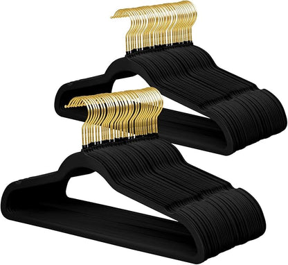 ManGotree Velvet Coat Hangers with 360° Swivel Gold Hook, Non-Slip Felt Suit Hangers, Ultra-Thin Space Saving Clothes Hanger for Jacket, Sweater, Shirt, Dress, Pants (66 Pack, Black)