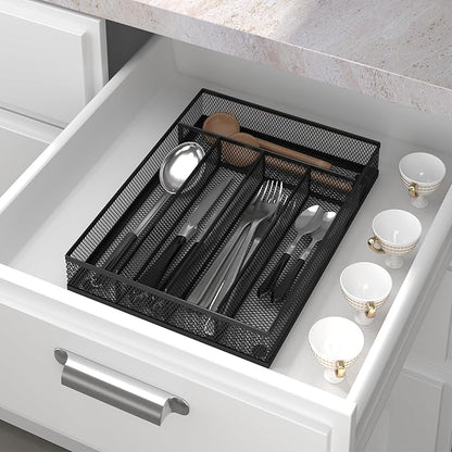 Sedegn Silverware Organizer Metal Mesh, Small Drawer Organizer, Utensil Cutlery Tray for kitchen drawers, Flatware Organizer with 5 Compartment, Black(9.3"*12.6")