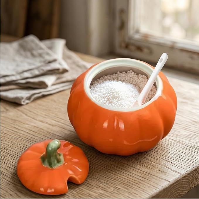 Ceramic Salt Cellar with Lid and Spoon, 10 OZ Salt Box, Salt Holder for Counter, Coffee, Sugar, Spices, Candies and Salt Containers for Countertop(orange)