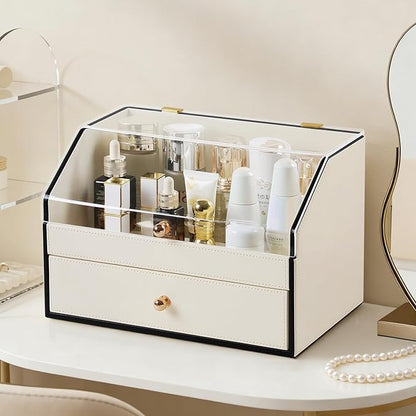 Leather Makeup Organizer & Skincare Storage Rack - Cosmetic Display Case with Dustproof Transparent Cover, Drawer Jewelry Storage, for Bedroom Vanity, Perfume & Lipstick Organizer - White