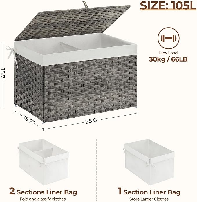 Greenstell Storage Basket with Lid, 105L Large Wicker Basket with Lid, Handwoven Blanket Storage Basket with Handles, Removable Cotton Liner, Metal Frame, Foldable for Bedroom, Laundry Room, Grey