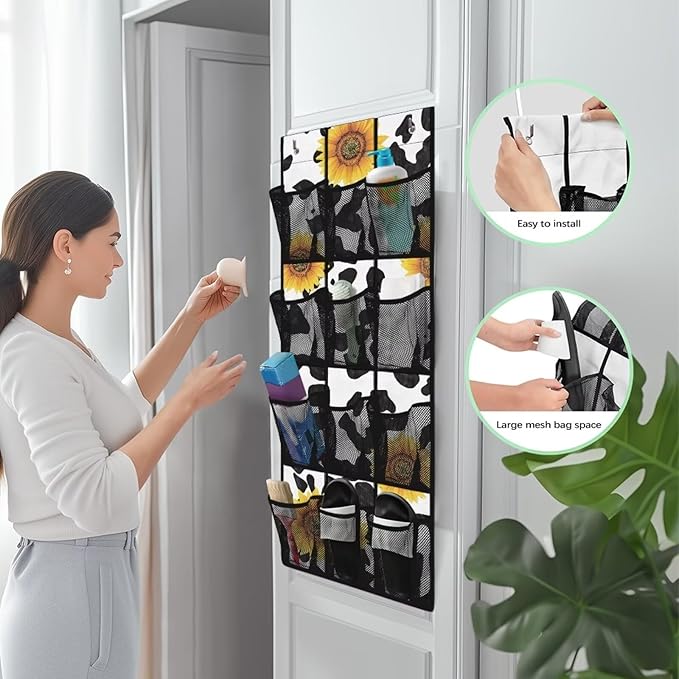 Cow Print Sunflower Over The Door Hanging Storage Pockets Space Saving Door Storage Organizer with 12 Breathable Pockets for Bedroom Bathroom