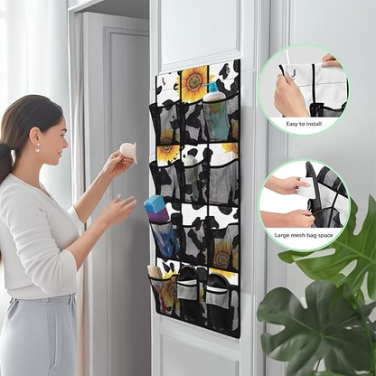 Cow Print Sunflower Over The Door Hanging Storage Pockets Space Saving Door Storage Organizer with 12 Breathable Pockets for Bedroom Bathroom