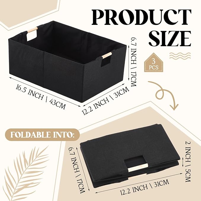 Cinnvoice 3 Pack Fabric Storage Bins for Closet Shelves, Rectangle Wardrobe Organizer with Handle, Collapsible Shelves Storage Basket for Sorting Clothes and Toy (Black,16.5 x 12.2 x 6.7 Inch)