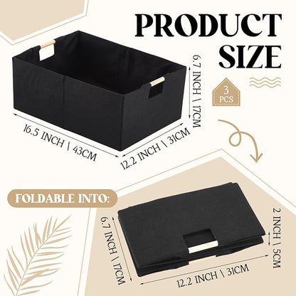 Cinnvoice 3 Pack Fabric Storage Bins for Closet Shelves, Rectangle Wardrobe Organizer with Handle, Collapsible Shelves Storage Basket for Sorting Clothes and Toy (Black,16.5 x 12.2 x 6.7 Inch)