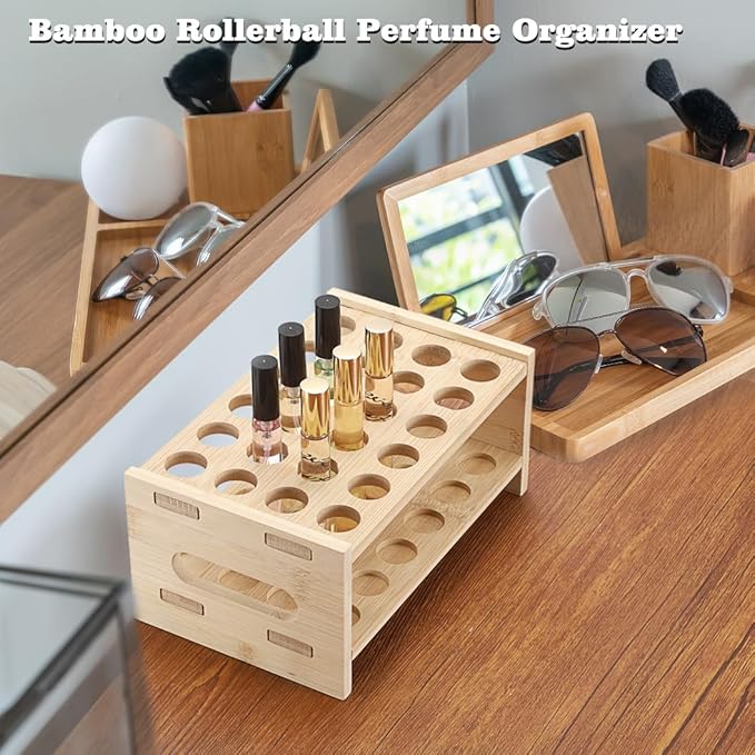 ELLDOO Rollerball Perfume Organizer, 24 Spaces Bamboo Perfume Storage Holder Beauty Scent Holder with Handle, Makeup Lipgloss Lipstick Display Case