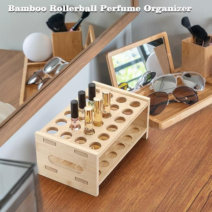 ELLDOO Rollerball Perfume Organizer, 24 Spaces Bamboo Perfume Storage Holder Beauty Scent Holder with Handle, Makeup Lipgloss Lipstick Display Case