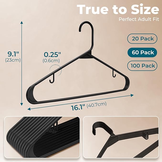 HOUSE DAY Black Plastic Hangers 60 Pack, Clothes Hangers with Non Slip Hooks, Durable & Space Saving Coat Hanger, Light-Weight Clothing Hanger, Perfect Closet Organizer for Everyday Use