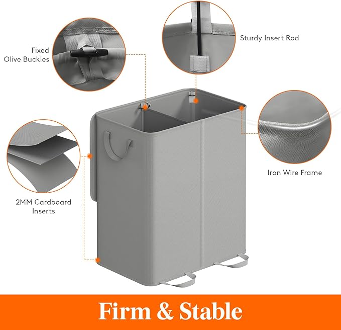 Lifewit Double Laundry Hamper with Lid and Removable Laundry Bags, Large Collapsible 2 Dividers Dirty Clothes Basket with Handles for Bedroom Laundry Room Closet Bathroom College, 155L Silver Gray