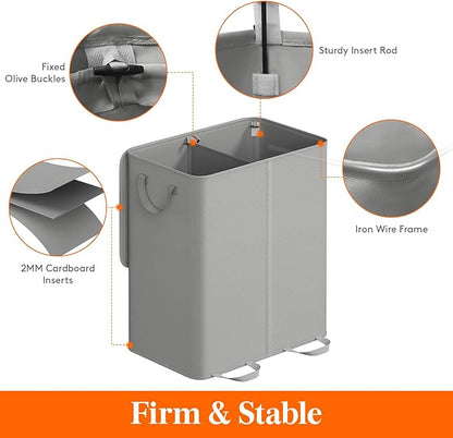Lifewit Double Laundry Hamper with Lid and Removable Laundry Bags, Large Collapsible 2 Dividers Dirty Clothes Basket with Handles for Bedroom Laundry Room Closet Bathroom College, 155L Silver Gray