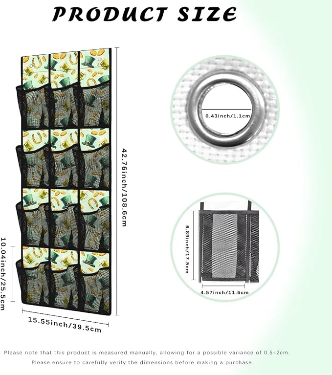 Multi-Purpose 12-Pocket Behind The Door Organizer, Oxford Cloth, Waterproof Large Capacity and Ideal for Bathroom Bedroom or Pantry Storage, Green Hat Gold Coins Horseshoe