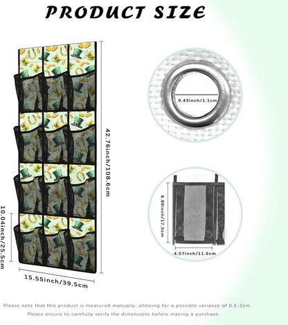 Multi-Purpose 12-Pocket Behind The Door Organizer, Oxford Cloth, Waterproof Large Capacity and Ideal for Bathroom Bedroom or Pantry Storage, Green Hat Gold Coins Horseshoe
