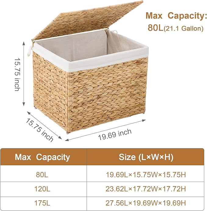 Water Hyacinth Storage Basket with Lid, 21.1 Gallon (80L) Wicker Shelf Basket with Removable Liner, Wicker Storage Basket for Blanket, for Livingroom, Bedroom, Natural