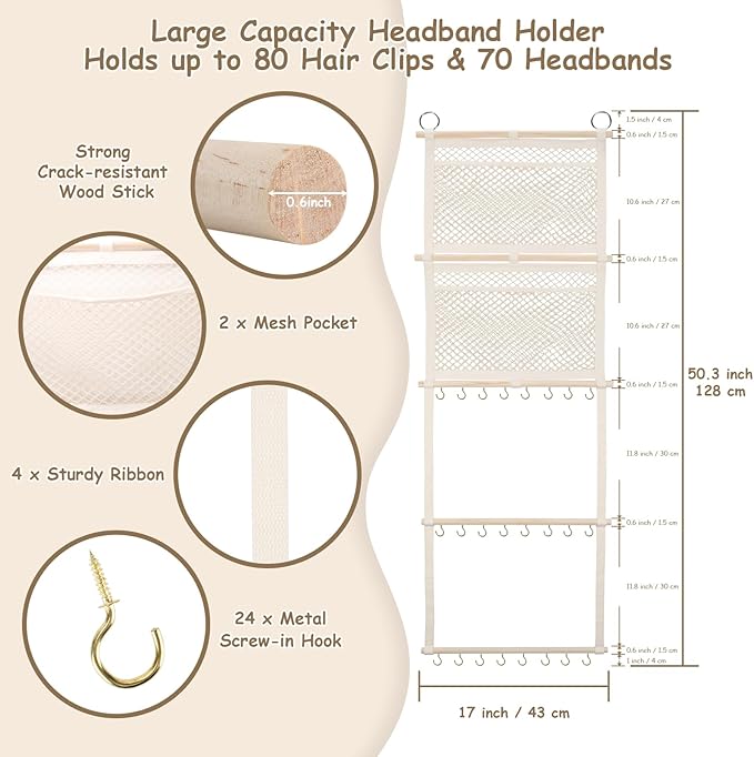 Headband Holder, 17x50in Hair Bow Holder W/ 2 Mesh Pockets & 24 Metal Hooks, Baby Bow Organizer for Girls, Wall Hanging Hair Accessories Organizer Storage Hanger for Toddler Room Nursery Decor(Beige)
