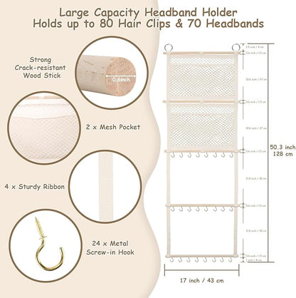 Headband Holder, 17x50in Hair Bow Holder W/ 2 Mesh Pockets & 24 Metal Hooks, Baby Bow Organizer for Girls, Wall Hanging Hair Accessories Organizer Storage Hanger for Toddler Room Nursery Decor(Beige)
