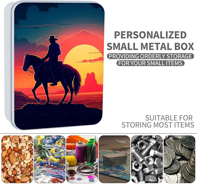 Metal Tin Box Sturdy Metal Storage Box with Lid, Large Container Holder for TCG Cards,Car Keys,Cookies,Tin Containers for Gift,5.0x3.7x1.6 Inch,Exquisite Pattern Design(Sunset Cowboy)