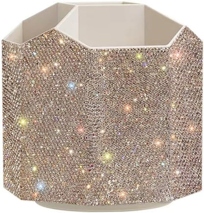 Bling Design Makeup Brush Holder Organizer,360° Rotating Glitter Rhinestones Cosmetics Storage with 5 Slot Large Capacity Makeup Brushes Cup Pen Holder for Vanity,Bathroom Countertops